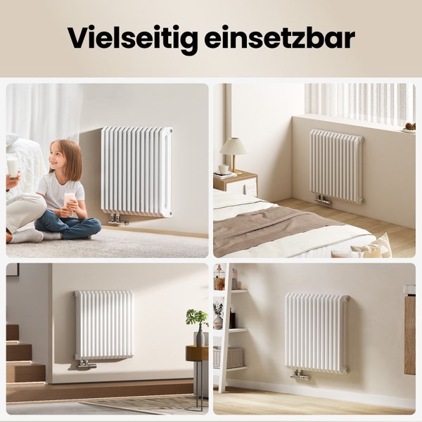 EMKE Designheizkörper 594 x 600 mm, 969 W, Wasserführend, D-Form Heizrohre, Seitenanschluss, Badheizkörper Wandmontage, Röhrenheizkörper für Bad & WC, Weiß