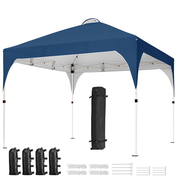 Blaues Faltzelt mit Zubehör wie Sandsäcken, Seilen und Heringen