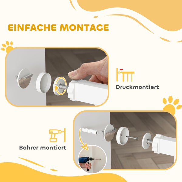 Abbildung der einfachen Montage eines Schutzgitters für Haustiere mit zwei Installationsmethoden: Druckmontage und Bohrmontage.