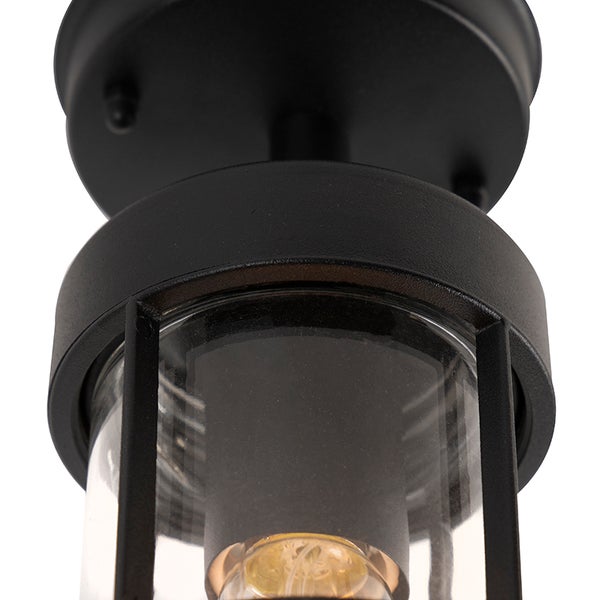 Schwarze Deckenleuchte mit Glaszylinder und sichtbarem Leuchtmittel.