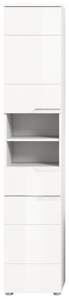 Weißer Bad-Hochschrank mit zwei Türen, einem offenen Regalfach und drei Schubladen.