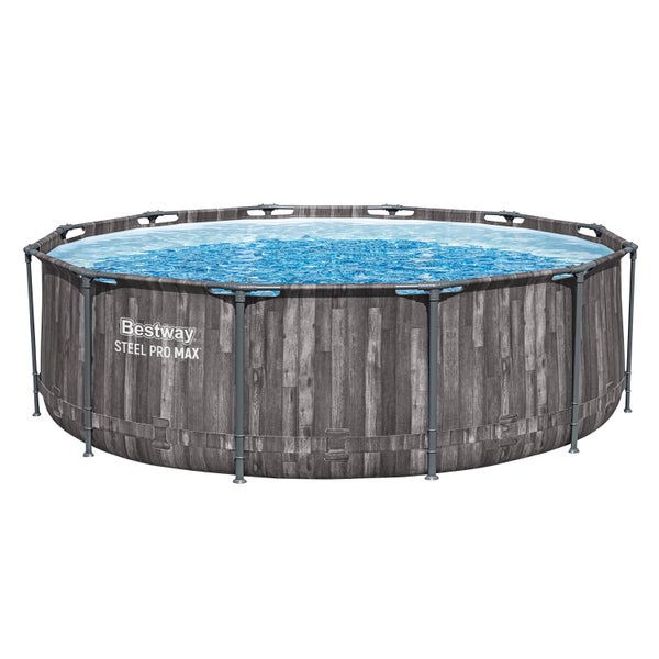 Bestway Steel Pro Max runder Aufstellpool mit Holzoptik-Dekor und Stahlrahmen.