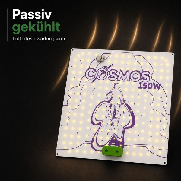 Cosmos 150 Watt LED-Pflanzenlampe, passiv gekühlt, lüfterlos und wartungsarm, quadratisches LED-Panel mit zahlreichen Leuchtdioden.