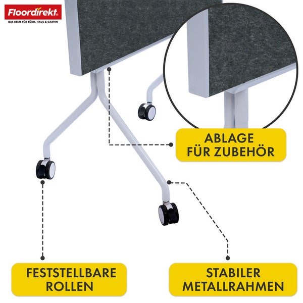 Details eines Konferenztisches mit Rollen, Metallrahmen und Ablage für Zubehör