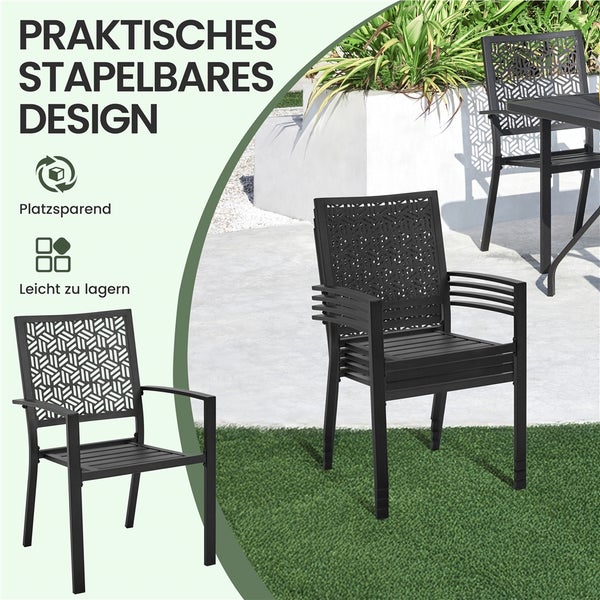 Stapelbare Gartenstühle mit Armlehnen und gemusterter Rückenlehne, platzsparendes Design für Garten und Terrasse.