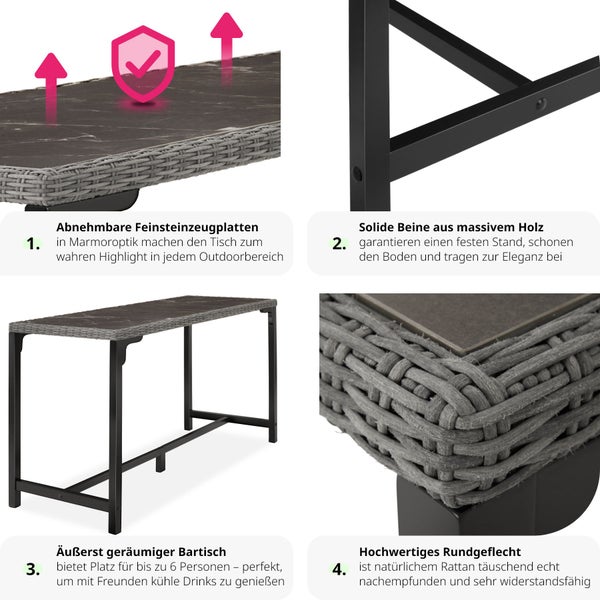 Rattan Tisch tectake Lovas 161 x 64,5 x 99,5 cm mit Aluminium- und Holzgestell grau
