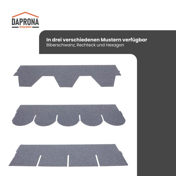 Daprona Dachschindeln in drei verschiedenen Mustern: Biberschwanz, Rechteck und Hexagon.