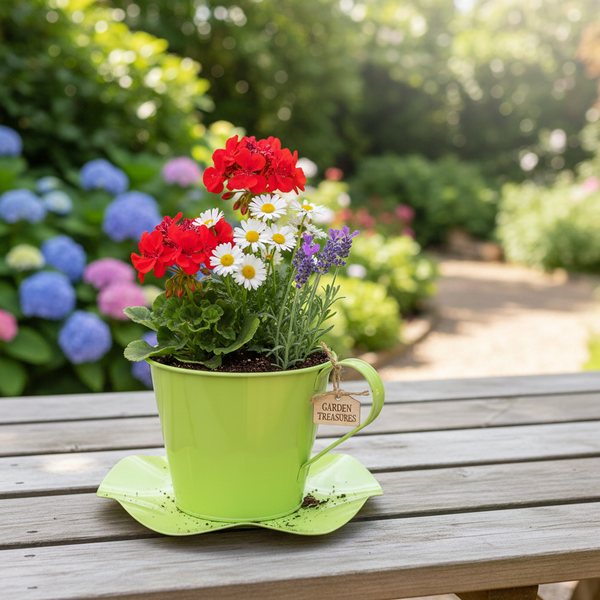 Hellgrüner Pflanztopf in Tassenform auf einem Holztisch, bepflanzt mit roten Geranien, weißen Gänseblümchen und lila Lavendel in einem Garten.