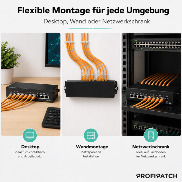 Profipatch 12 Port Kategorie 6A Patchpanel in drei Montagevarianten auf dem Schreibtisch, an der Wand oder im Netzwerkschrank