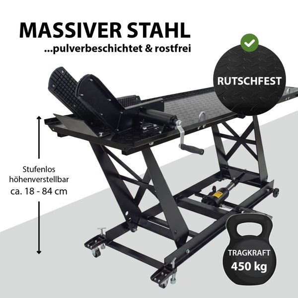 Motorradhebebühne aus Stahl, pulverbeschichtet, höhenverstellbar von circa 18 bis 84 Zentimeter, rutschfest und mit einer Tragkraft von 450 Kilogramm