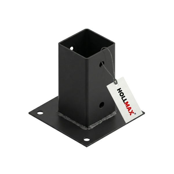 Hollmax Pfostenträger aus schwarzem Stahl, quadratisch mit Bodenplatte und vorgebohrten Löchern zur Befestigung.