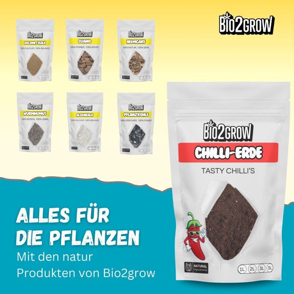 Bio2Grow Pflanzenprodukte: Dolomitkalk, Guano, Neemcake, Wurmhumus, Algenkalk, Pflanzenkohle und Chili-Erde