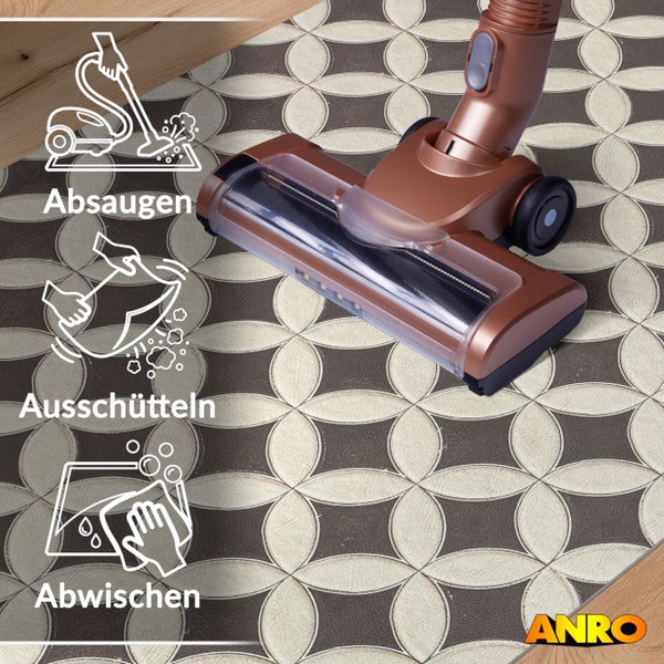 Reinigungshinweise für Bodenmatte mit geometrischem Muster: Absaugen, Ausschütteln, Abwischen. Staubsauger auf Matte. ANRO Logo.