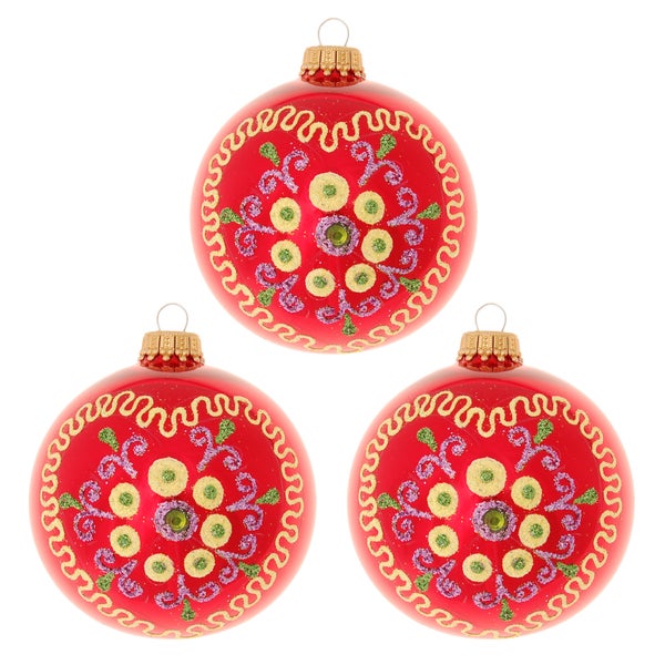 Rot glanz 8cm Glaskugelsortiment, mundgeblasen, handbemalt , 3 Stck., Weihnachtsbaumkugeln, Christbaumschmuck, Weihnachtsbaumanhänger