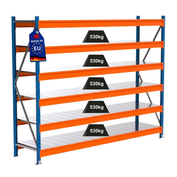 Schwerlastregal mit fünf Ebenen und einer Traglast von 530 Kilogramm pro Ebene