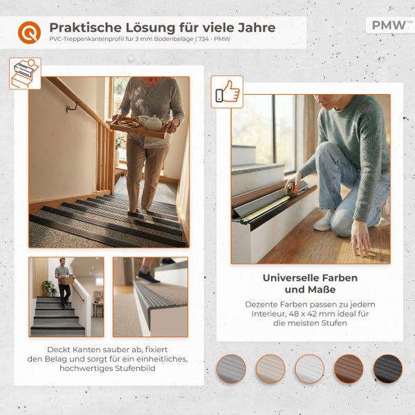 Infografik zu PVC-Treppenkantenprofilen für 3 Millimeter Bodenbeläge, zeigt Anwendung auf Treppenstufen, Maße 48 mal 42 Millimeter und PMW Logo.