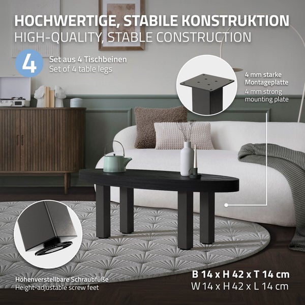 ML-Design 4er Set Tischbeine I-Design 42 cm, Dunkelgrau, Optik Industrial, Stahl pulverbeschichtet, eckig, Profil 8x8 cm, Höhenverstellbare Möbelfüße 1-4 cm, Möbelbeine für Couchtische Bänke TV-Möbel