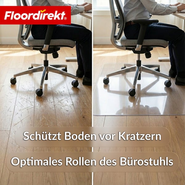 Vorher-nachher-Ansicht einer Bodenschutzmatte unter einem Bürostuhl, die den Boden vor Kratzern schützt und das Rollen des Stuhls verbessert; Floor direkt Logo