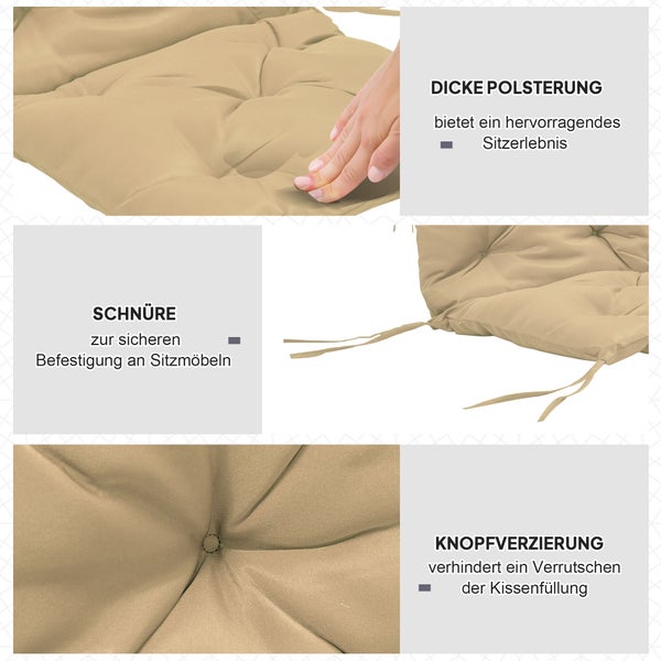 Infografik zu Sitzkissen mit Details zu dicker Polsterung, Befestigungsschnüren und Knopfverzierung zur Fixierung der Füllung.