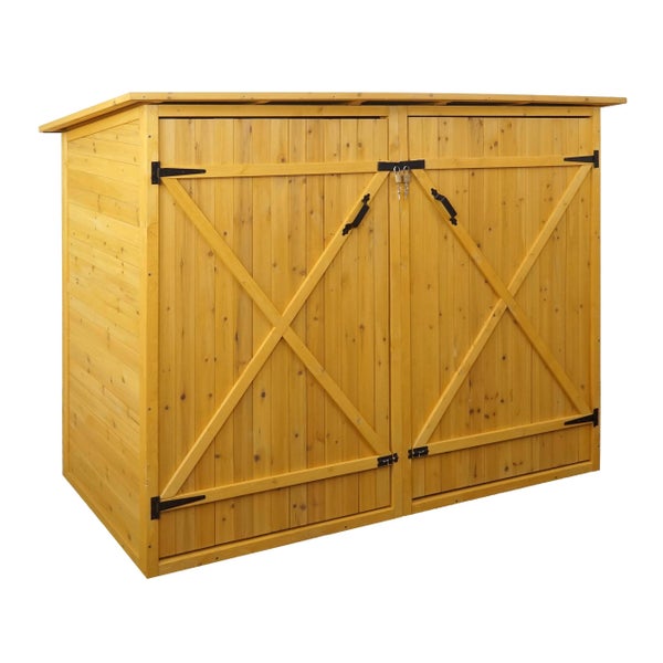 Gerätebox aus Holz mit Pultdach und Dachpappe.