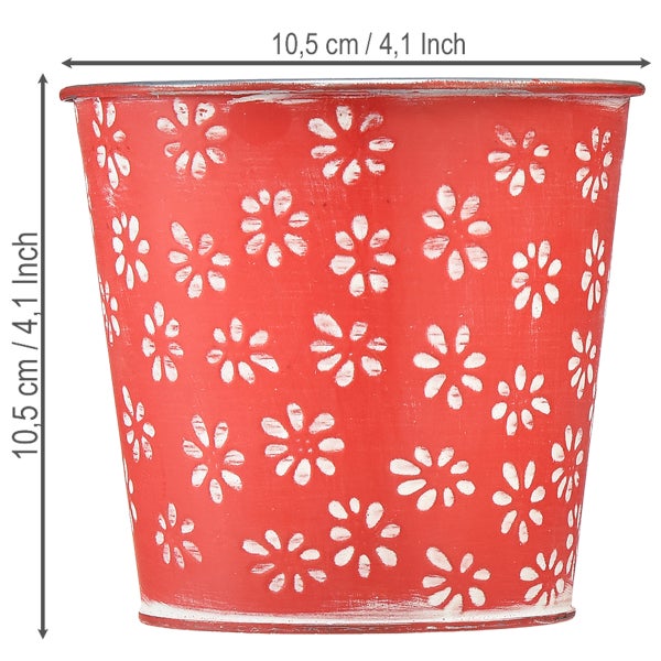 Roter Blumentopf mit weißen Blumenmustern, Durchmesser 10,5 Zentimeter, Höhe 10,5 Zentimeter.
