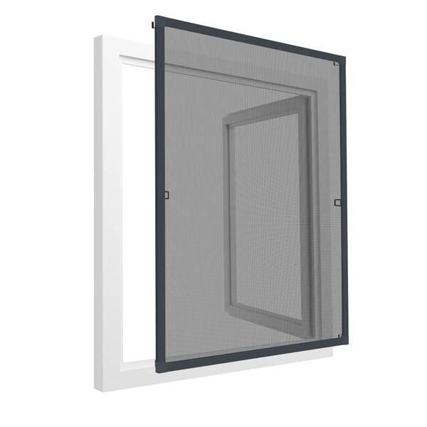 Insektenschutz-Spannrahmen für Fenster mit feinmaschigem Gewebe und anthrazitfarbenem Aluminiumprofil.