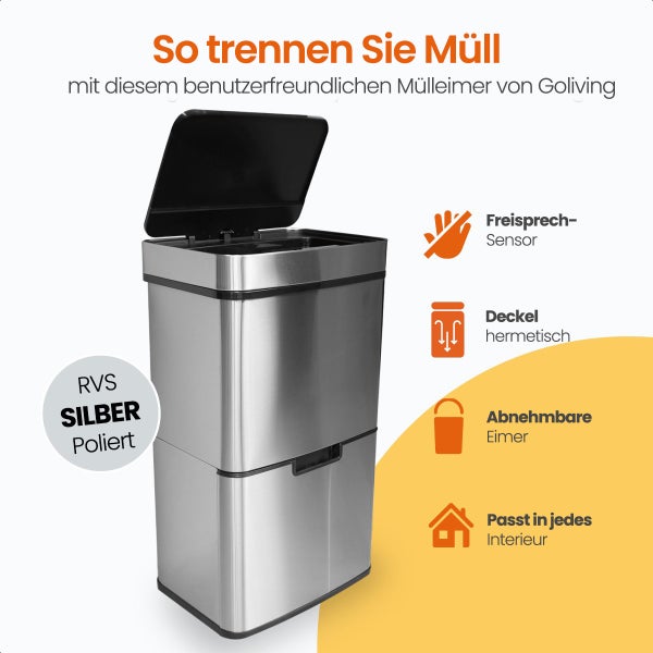 Goliving Automatischer Mülleimer Abfalltrennung 64 Liter - Sensor-Abfalleimer - Hands-free sensor - Abfalleimer - Innenabfalleimer - Edelstahl - 40L + 2x12L + 8L - Silber