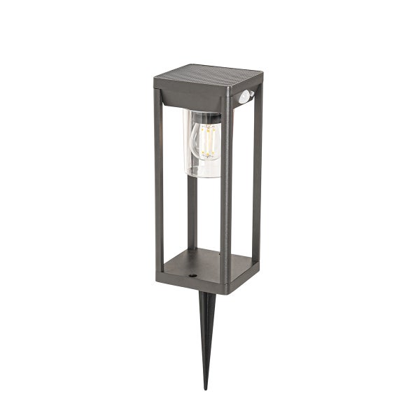Anthrazitfarbene Solar-Gartenleuchte in Laternenform mit Bewegungsmelder, Erdspieß und LED-Leuchtmittel.