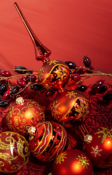 Rot glanz/matt 33cm Doppelspitze, Glasornament, mundgeblasen und handdekoriert, 1 Stck., Weihnachtsbaumkugeln, Christbaumschmuck, Weihnachtsbaumanhänger