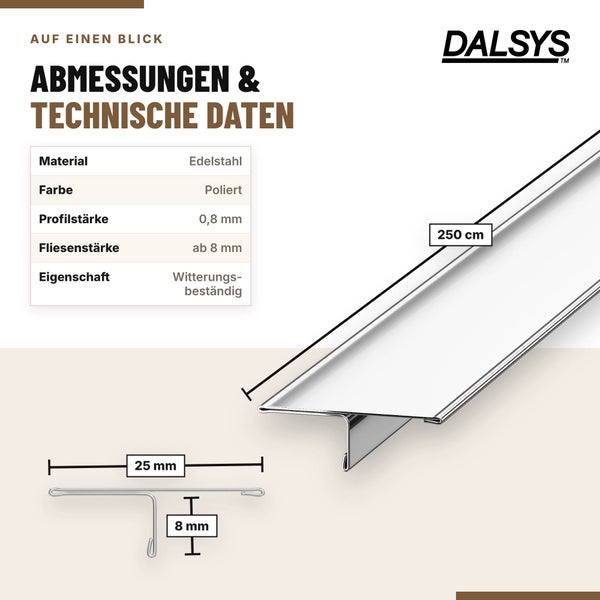 Dalsys Edelstahl Fliesenprofil mit technischen Daten und Maßangaben wie 250 Zentimeter Länge sowie 25 Millimeter Breite.