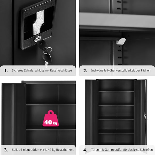Aktenschrank tectake  180 x 90 x 40 cm aus pulverbeschichtetem Stahl schwarz