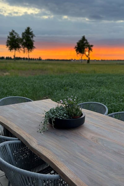 Moderner Holzgartentisch mit Baumkante, graue Flechtstühle und eine Pflanzschale im Freien bei Sonnenuntergang.