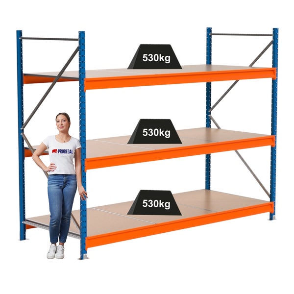 Lagerregal mit drei Ebenen und einer maximalen Traglast von 530 Kilogramm pro Ebene