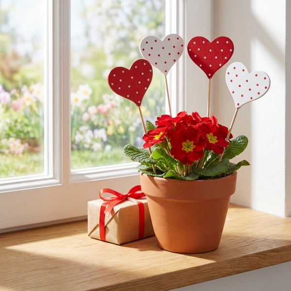 Rote Primeln im Tontopf dekoriert mit Herzsteckern und einem kleinen Geschenk auf einer Fensterbank