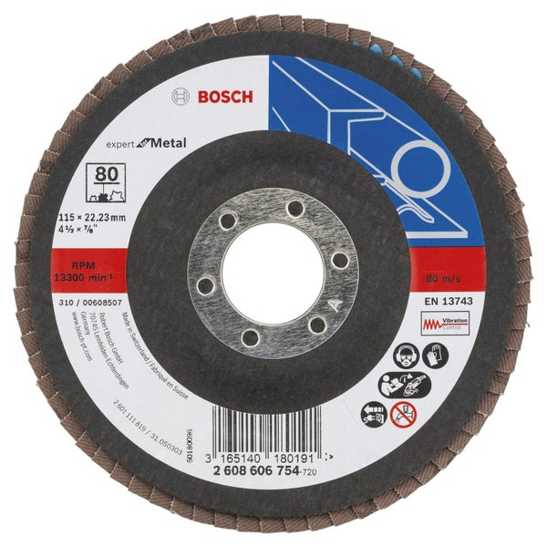 Bosch Fächerschleifscheibe Expert for Metal 115 22,23 80 gewinkelt Glasgewebet. - 2608606754