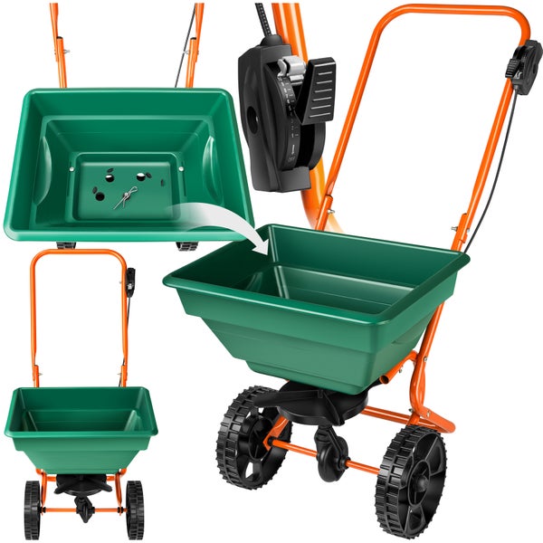 Streuwagen mit Behälter, Dosierhebel und Rädern