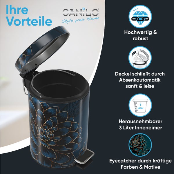 Sanilo Treteimer mit Absenkautomatik, 3 Liter herausnehmbarer Inneneimer, robustes Material und florales Design. Sanilo Logo.