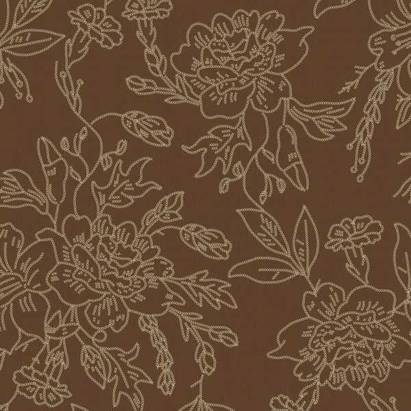 Vliestapete mit großflächigem Blumenmuster im Kreuzstich-Design auf braunem Grund mit feiner Struktur.