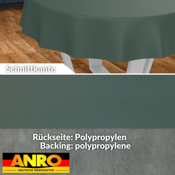 Runde Tischdecke mit strukturierter Oberfläche, Schnittkante und Polypropylen-Rückseite. ANRO Logo.