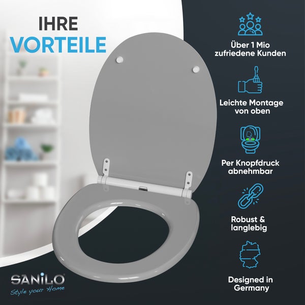 Sanilo Logo und grauer Toilettensitz mit Vorteilen wie einfache Montage von oben, Abnehmbarkeit per Knopfdruck, Robustheit und deutsches Design.