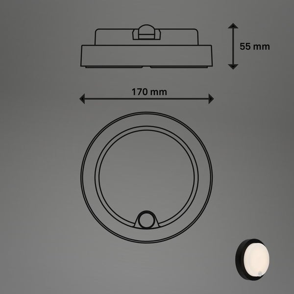 Technische Zeichnung einer runden Wandleuchte mit den Maßen 170 Millimeter Durchmesser und 55 Millimeter Höhe.