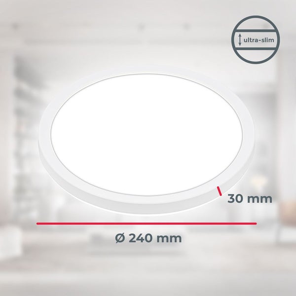 Runde LED-Panel-Leuchte in ultra-flachem Design, Durchmesser 240 Millimeter, Höhe 30 Millimeter.