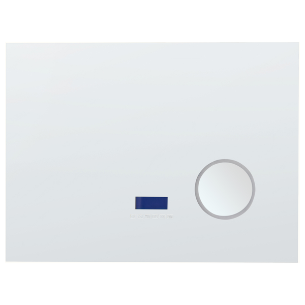 Weißer Badezimmerspiegel mit digitaler Anzeige und runder Spiegelfläche