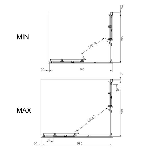 Technische Zeichnung mit minimalen und maximalen Abmessungen einer Ecke