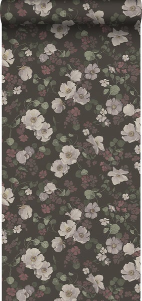 Borastapeter Tapete Blumen Braun, Grün und Rosa - 53 cm x 10.05 m - 660287