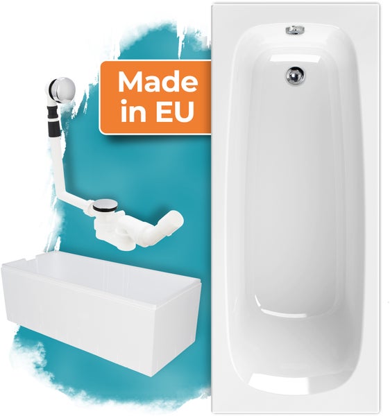 Rechteck-Badewanne Set mit Ab- und Überlaufgarnitur sowie Wannenträger, hergestellt in der Europäischen Union.