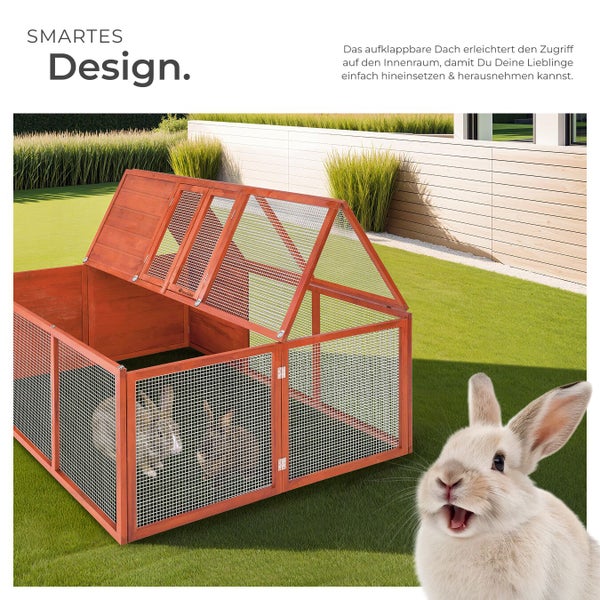 Freilaufgehege aus Holz mit aufklappbarem Dach und Kaninchen