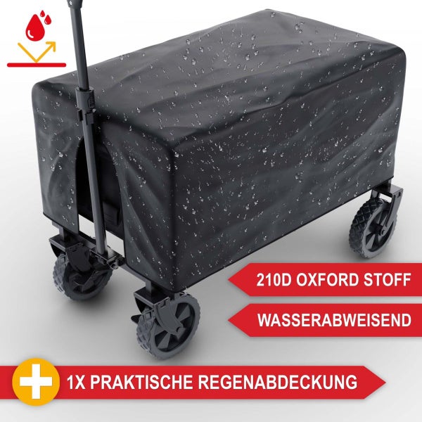 Bollerwagen mit einer wasserabweisenden Regenabdeckung aus 210 Denier Oxford-Stoff.