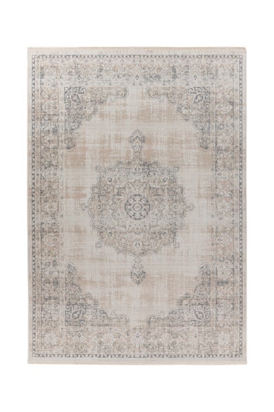 Rechteckiger Teppich im Vintage-Stil mit zentralem Medaillon und Ornamenten in Beige und Grau.