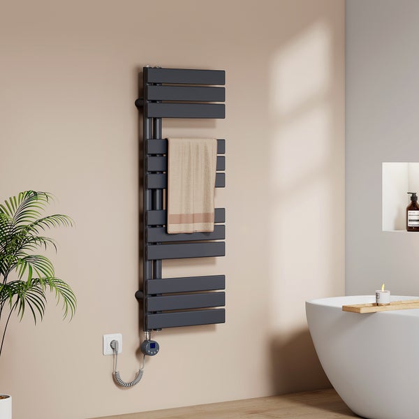 EMKE Elektrischer Badheizkörper 104x40 cm vertikal, 400W, Designheizkörper mit Thermostat, Timer & Memory-Funktion, IP44, Wandmontage, Handtuchwärmer seitlich offen, Anthrazit,  für Bad
